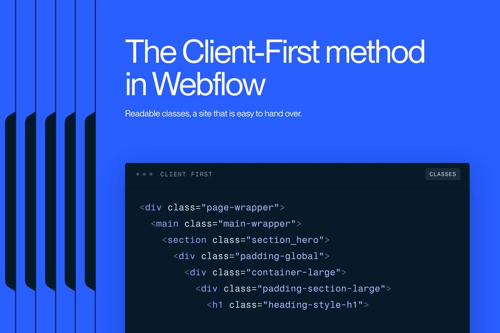 Synqro thumbnail: HTML page structure named with the Client First method, from page-wrapper to heading-style-h1