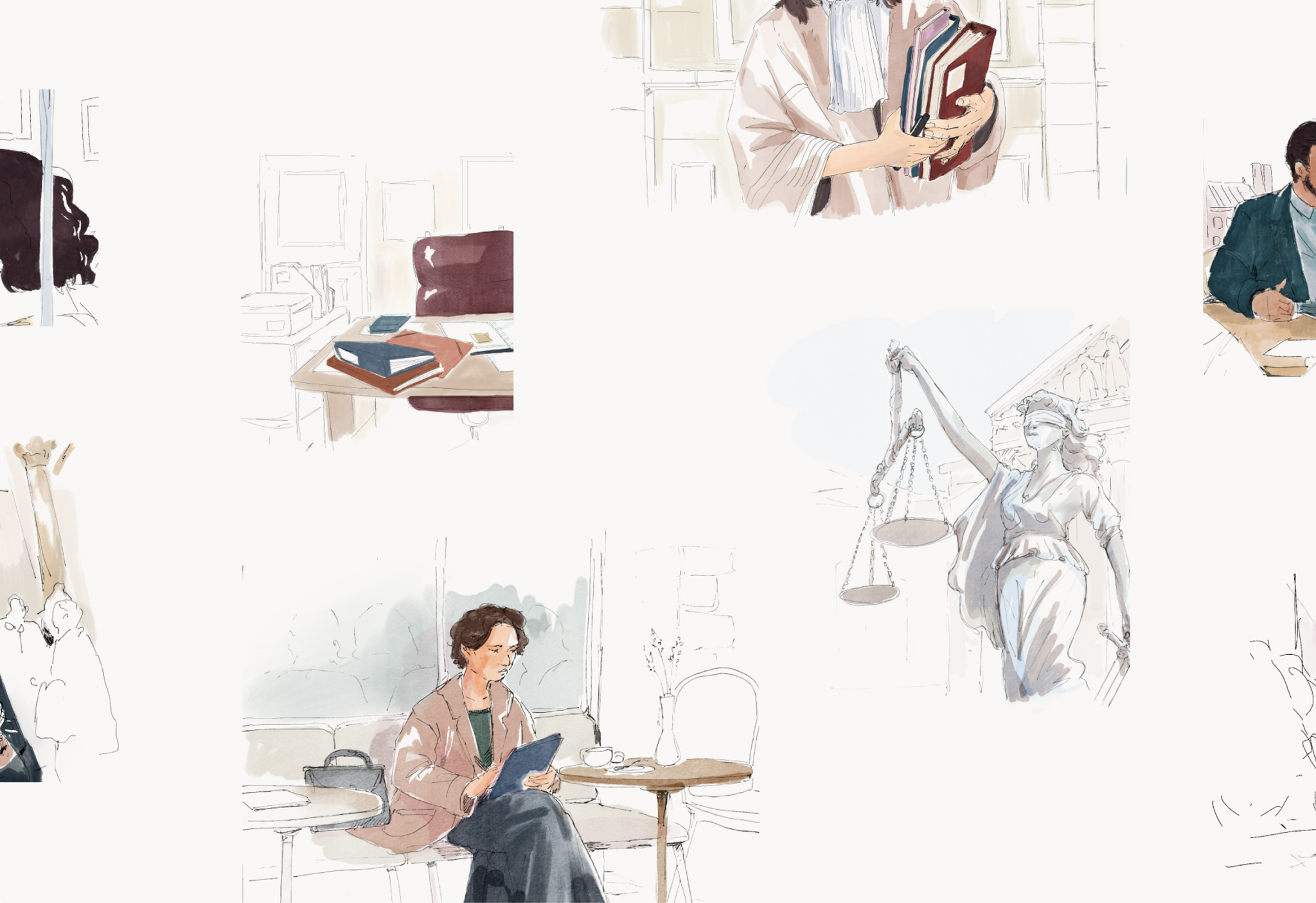 Causélis watercolour illustrations: a woman reading on a tablet, Lady Justice, lawyers at work