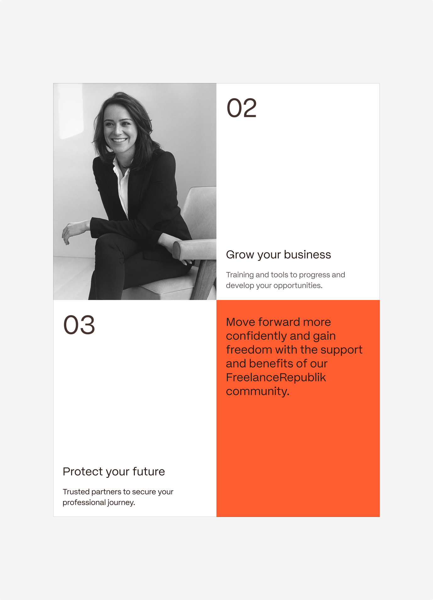 Website cards on the benefits of the community, with a portrait and an orange call-out