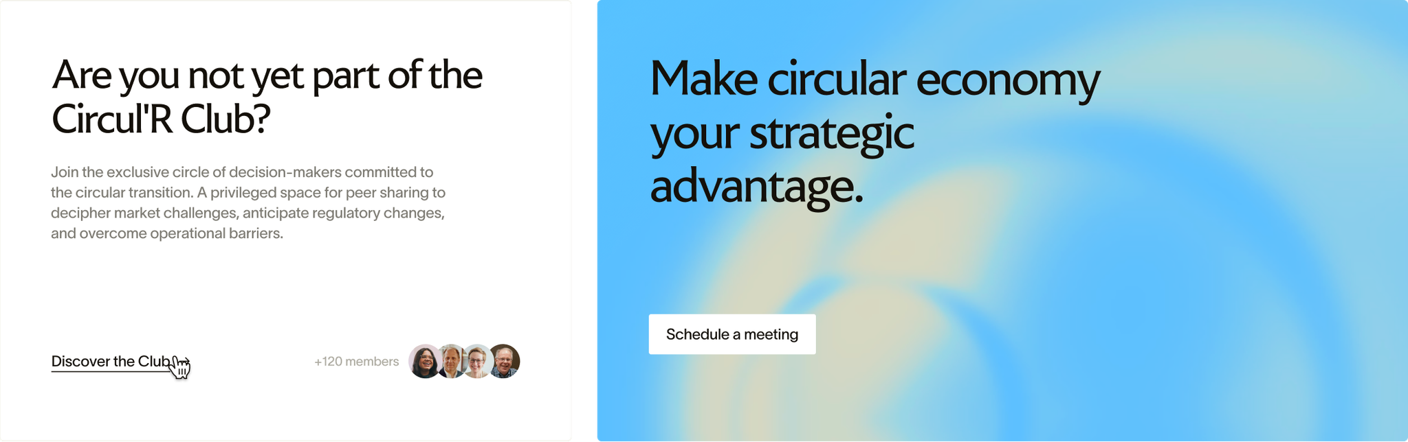 Two Circul’R website cards: an invitation to join the Circul’R Club and a “Schedule a meeting” call to action