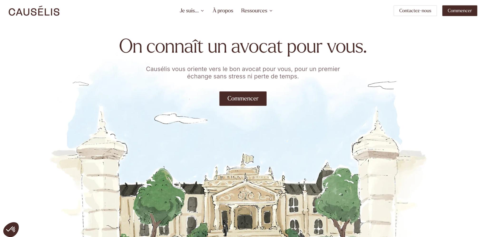Page d'accueil du site Causélis, service d'orientation vers un avocat, avec le titre On connaît un avocat pour vous et une illustration à l'aquarelle d'un palais de justice
