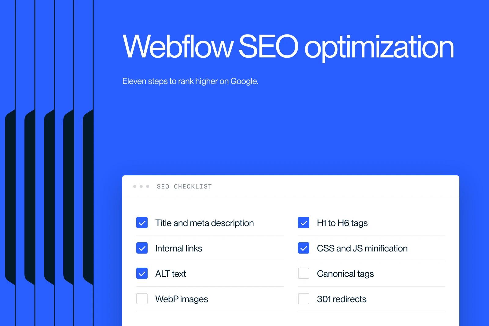 Synqro thumbnail: Webflow SEO optimization checklist, from title tags to 301 redirects