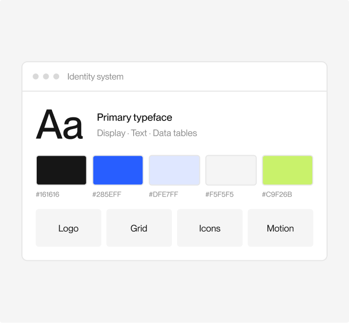 An identity system: primary typeface, color palette, logo, grid, icons and motion