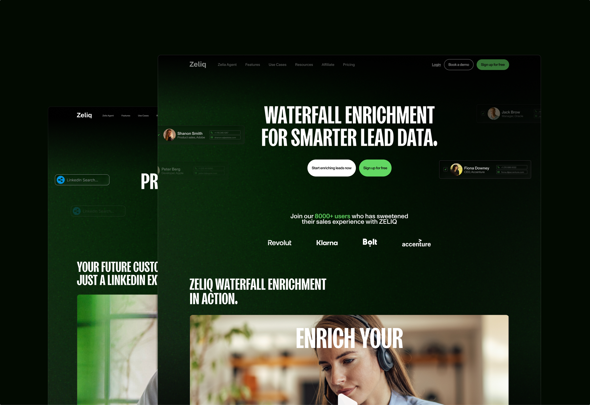 Zeliq feature pages for waterfall enrichment and the LinkedIn extension