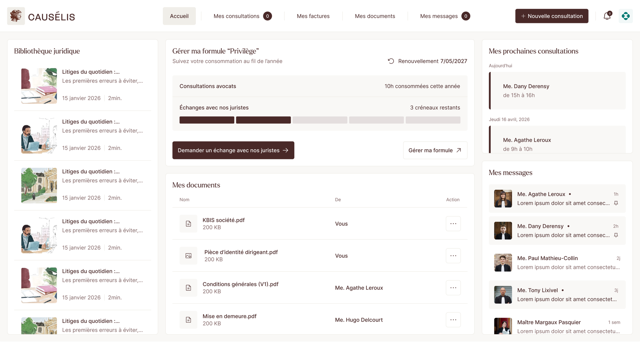 Causélis client dashboard: legal library, subscription, documents, upcoming consultations and messages