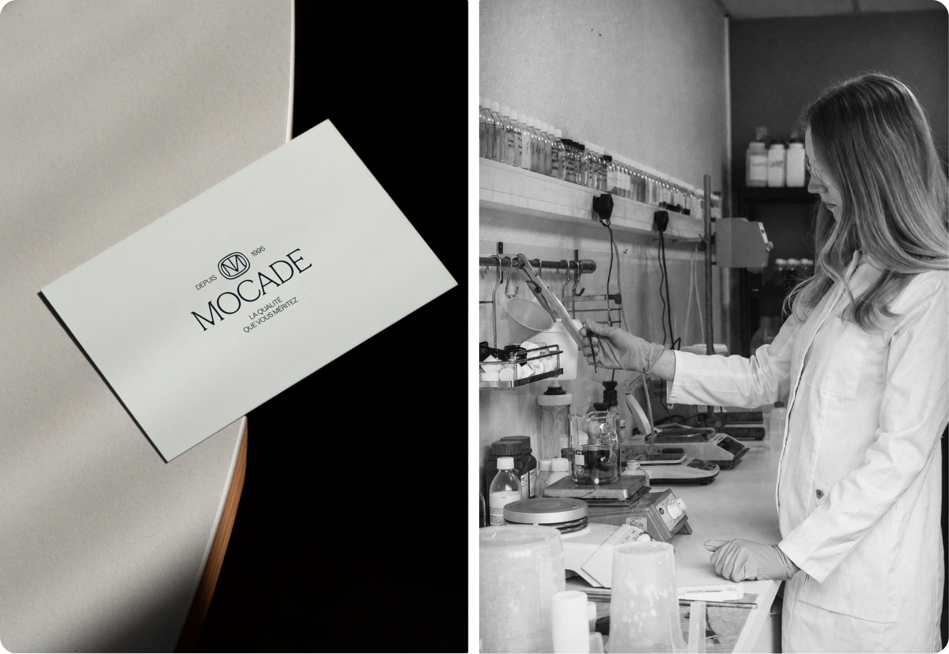 A Mocade business card beside a scientist at work in the Mocade laboratory