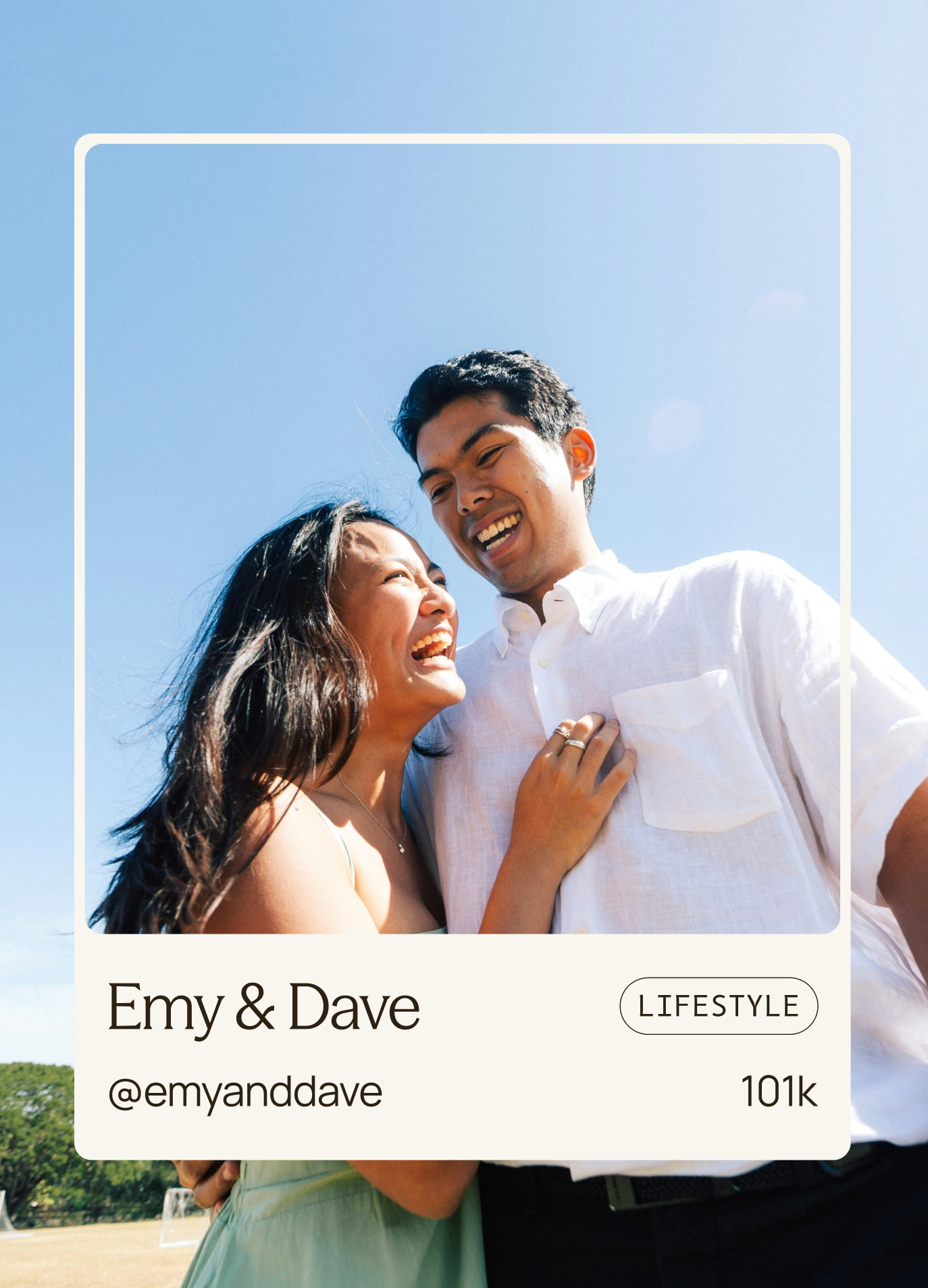 A Lumera creator card: Emy & Dave, lifestyle, 101k followers