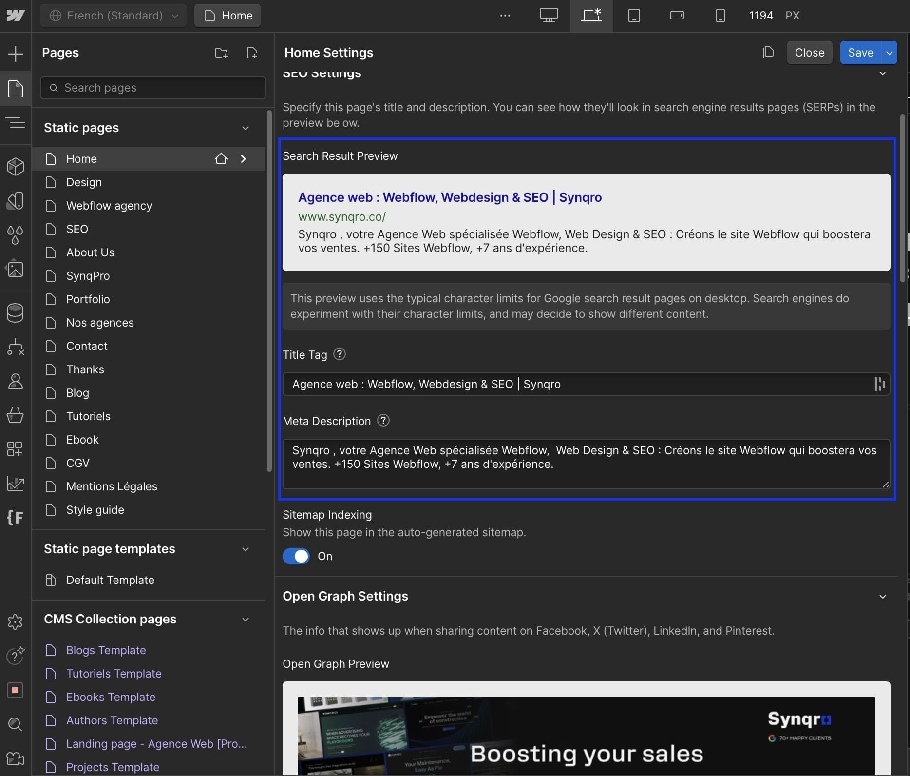 Champs title et meta description dans les SEO settings d'une page Webflow