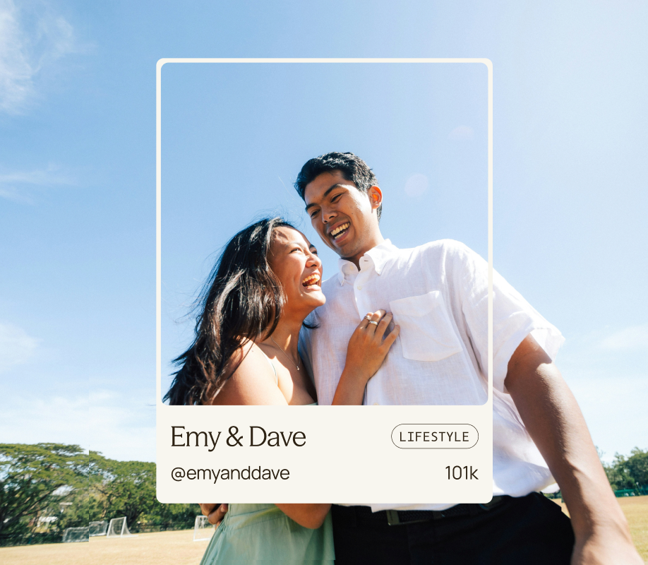 A Lumera creator card for Emy & Dave over their photo