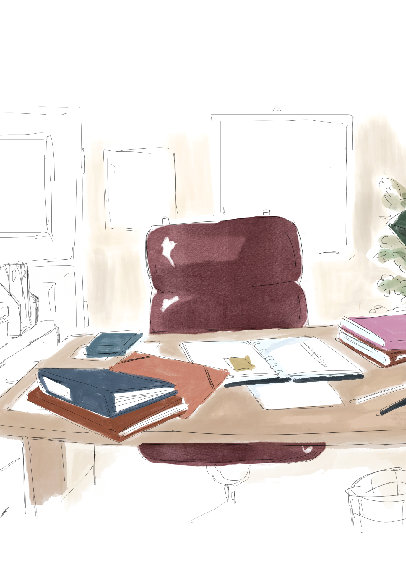 Watercolour sketch of a lawyer’s desk with case files and a burgundy leather chair