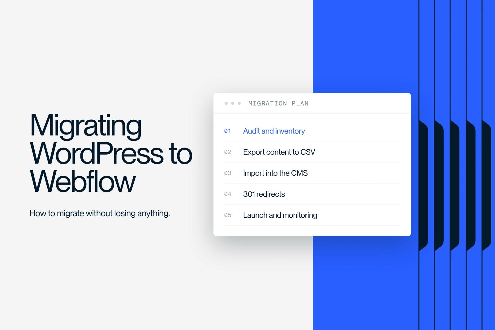 Synqro thumbnail: plan for migrating a WordPress site to Webflow, from audit to 301 redirects