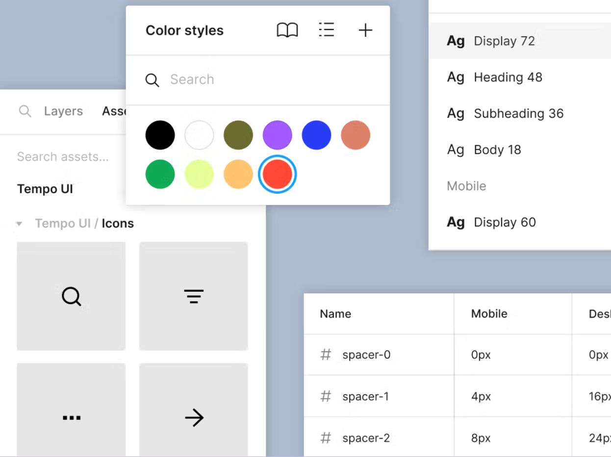 Palette de couleurs et typographies d'une maquette de site web dans Figma