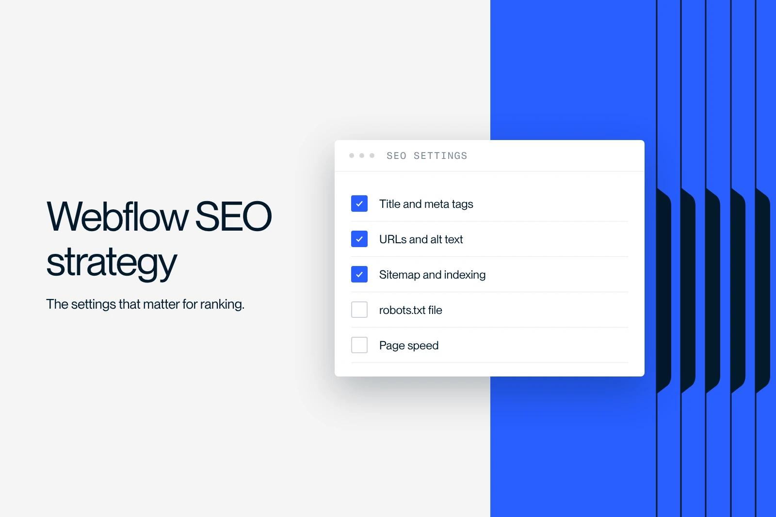 Synqro thumbnail: checklist of SEO settings for a Webflow site, tags, URLs, sitemap, robots.txt and speed
