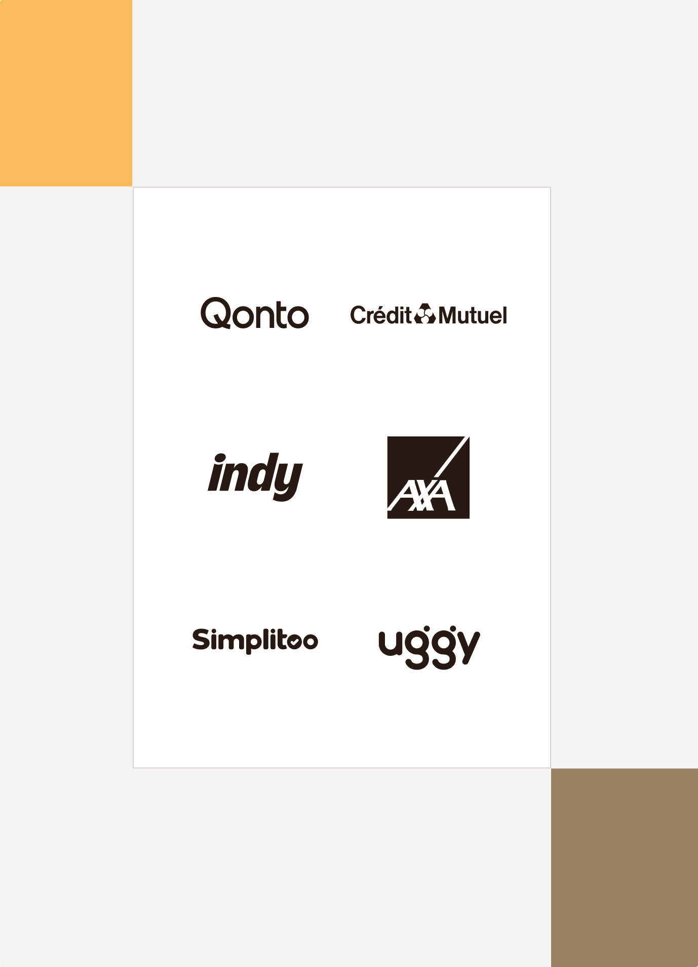 Client logos on a white card: Qonto, Crédit Mutuel, Indy, AXA, Simplitoo and Uggy