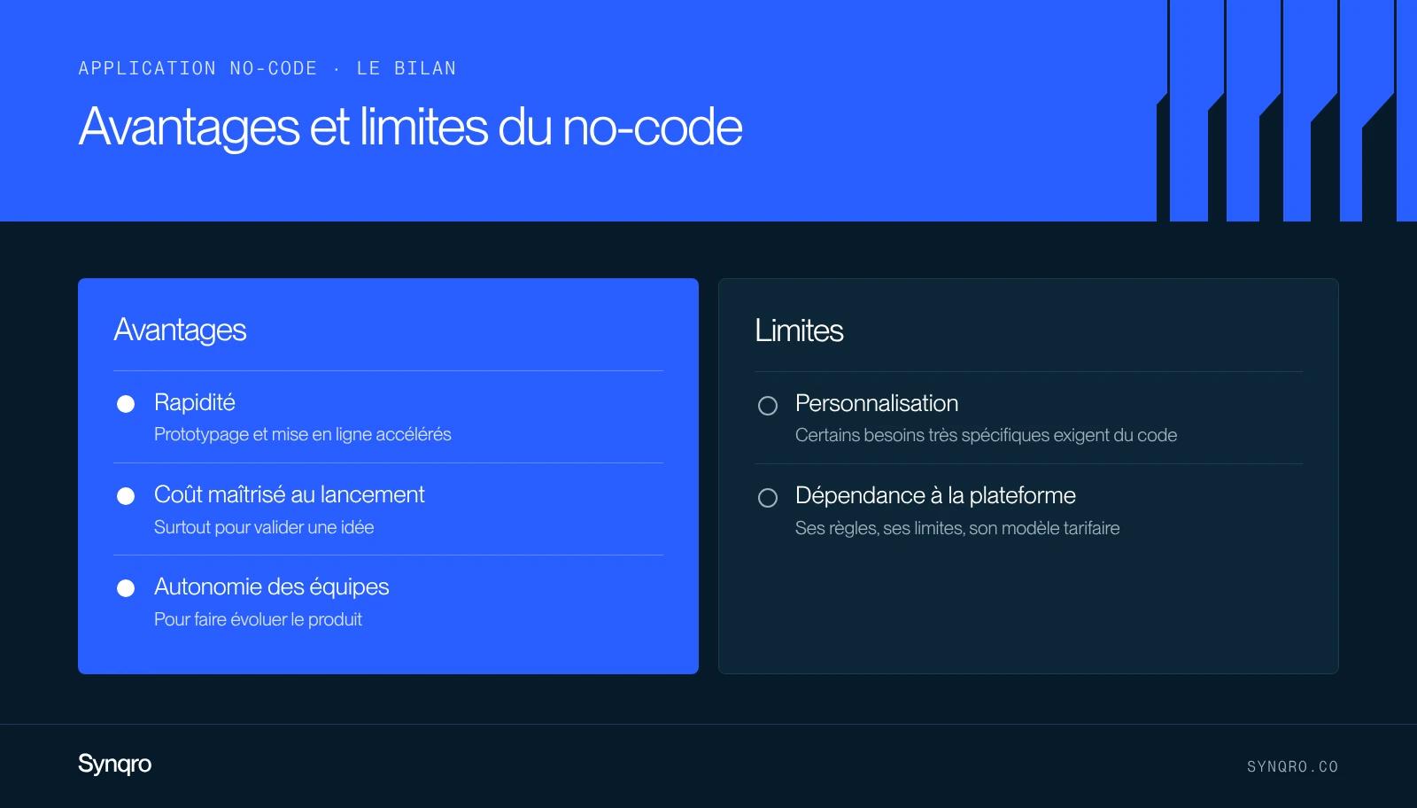Infographie : les avantages du no-code (rapidité, coût maîtrisé, autonomie) et ses limites (personnalisation, dépendance à la plateforme)