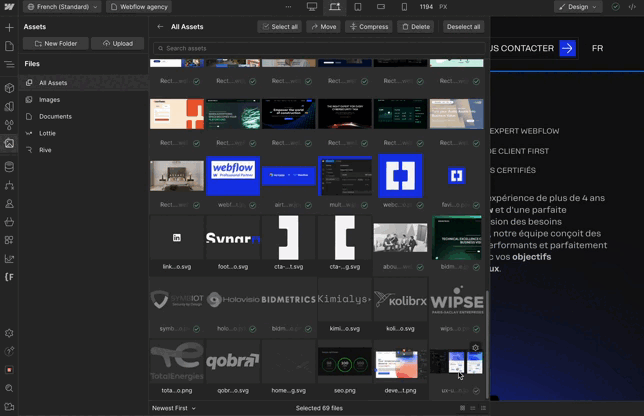 Conversion d'images dans le panneau Assets de Webflow