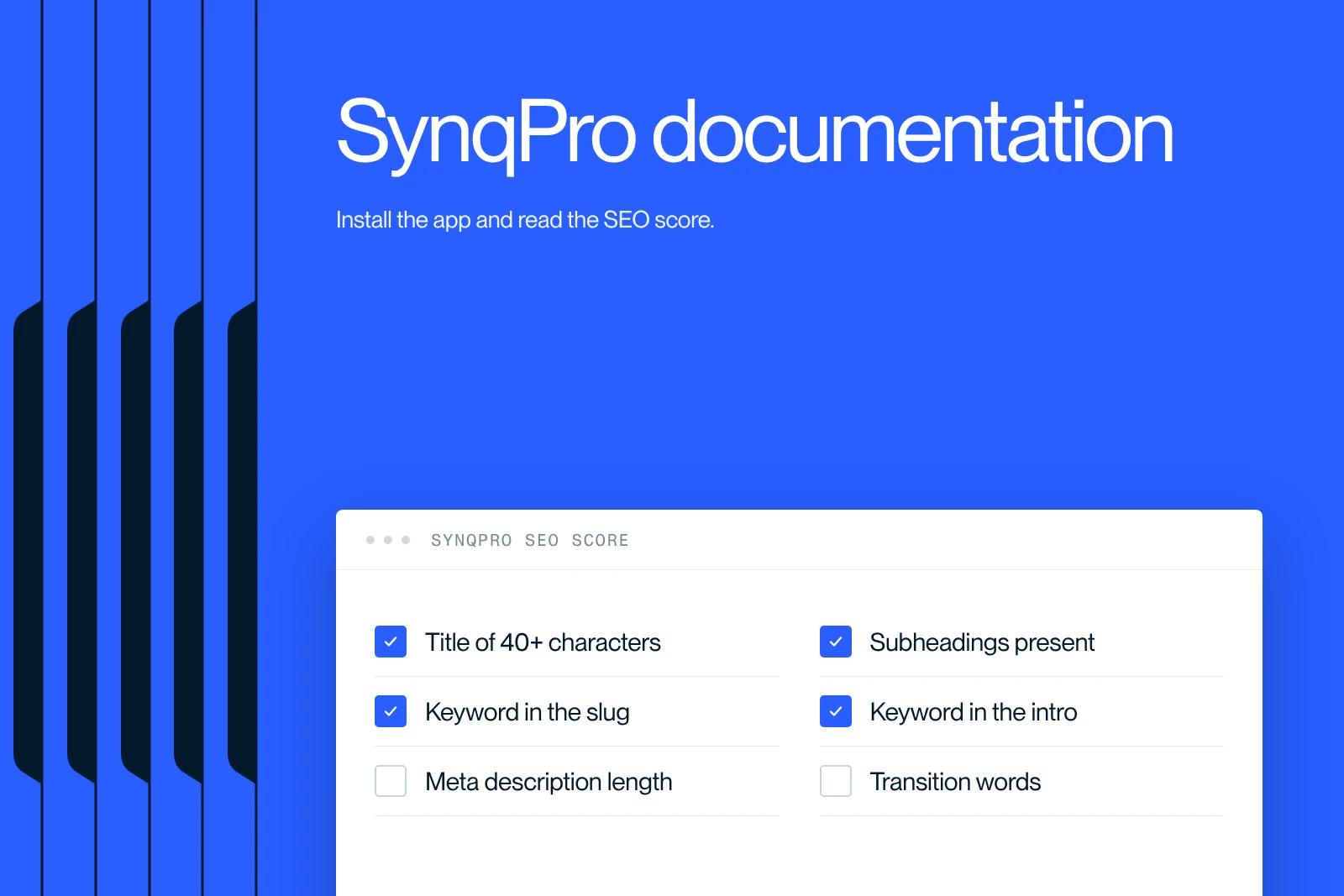 Synqro thumbnail: the on-page SEO criteria checked by the SynqPro app in Webflow
