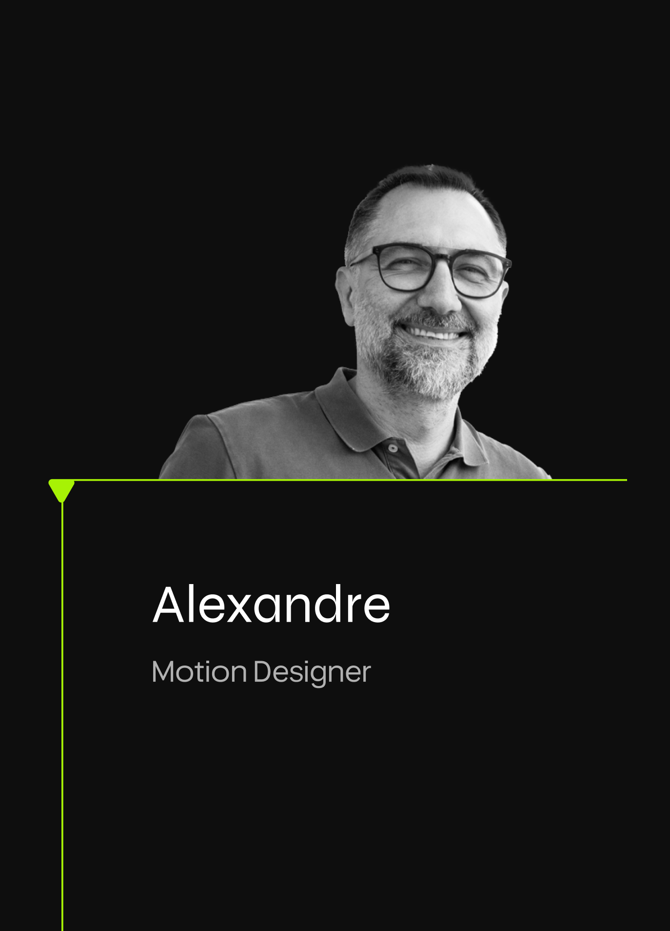 Team card for Alexandre, Motion Designer, in black and lime