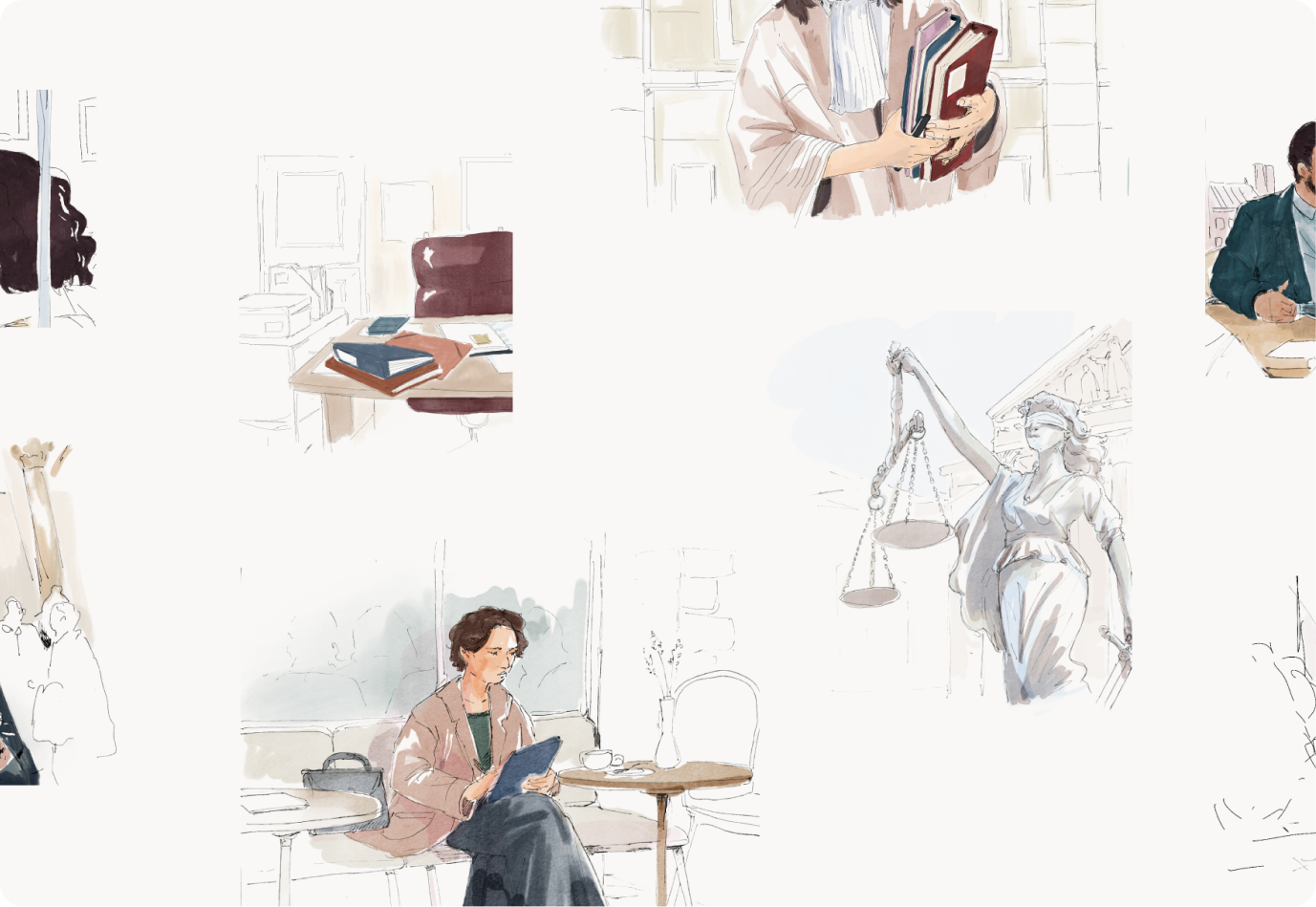 Causélis watercolour illustrations: a woman reading on a tablet, Lady Justice, lawyers at work