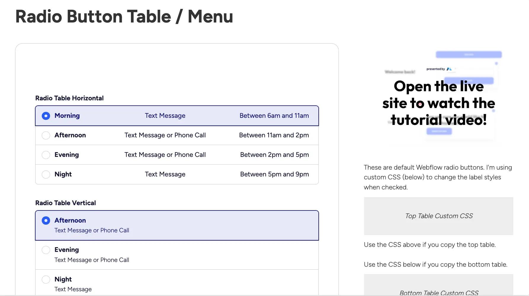 Radio buttons personnalisés en style Custom dans Webflow