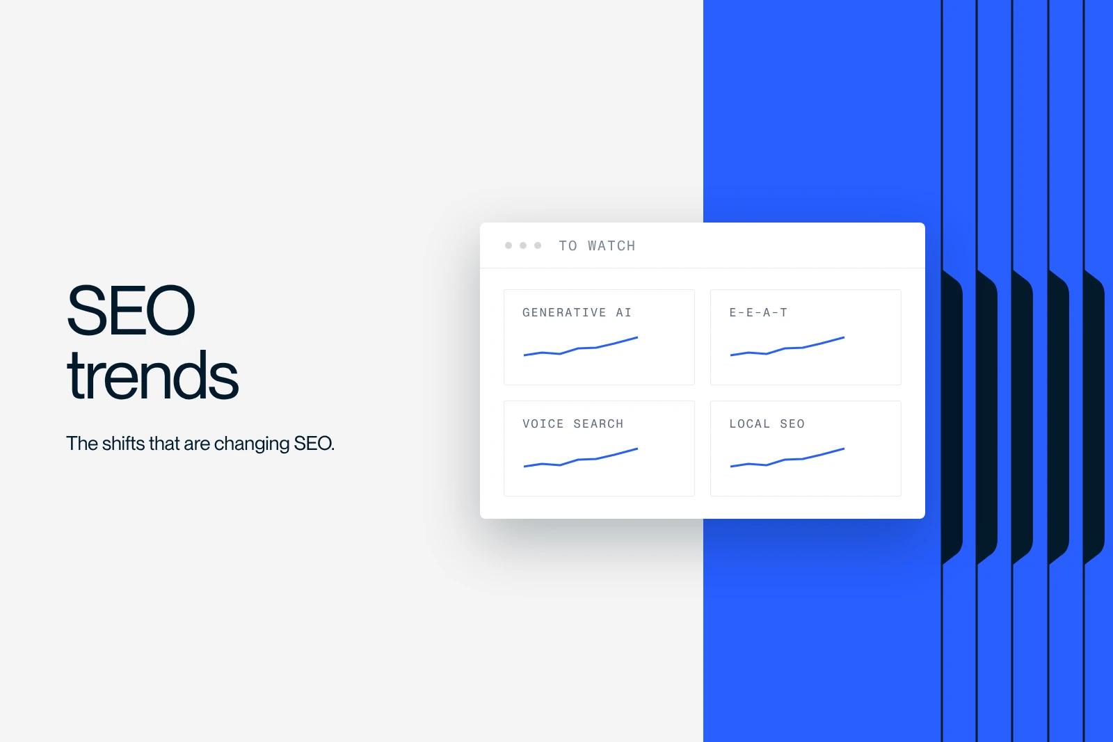 Synqro thumbnail: dashboard of SEO trends to watch, generative AI, E-E-A-T, voice and local