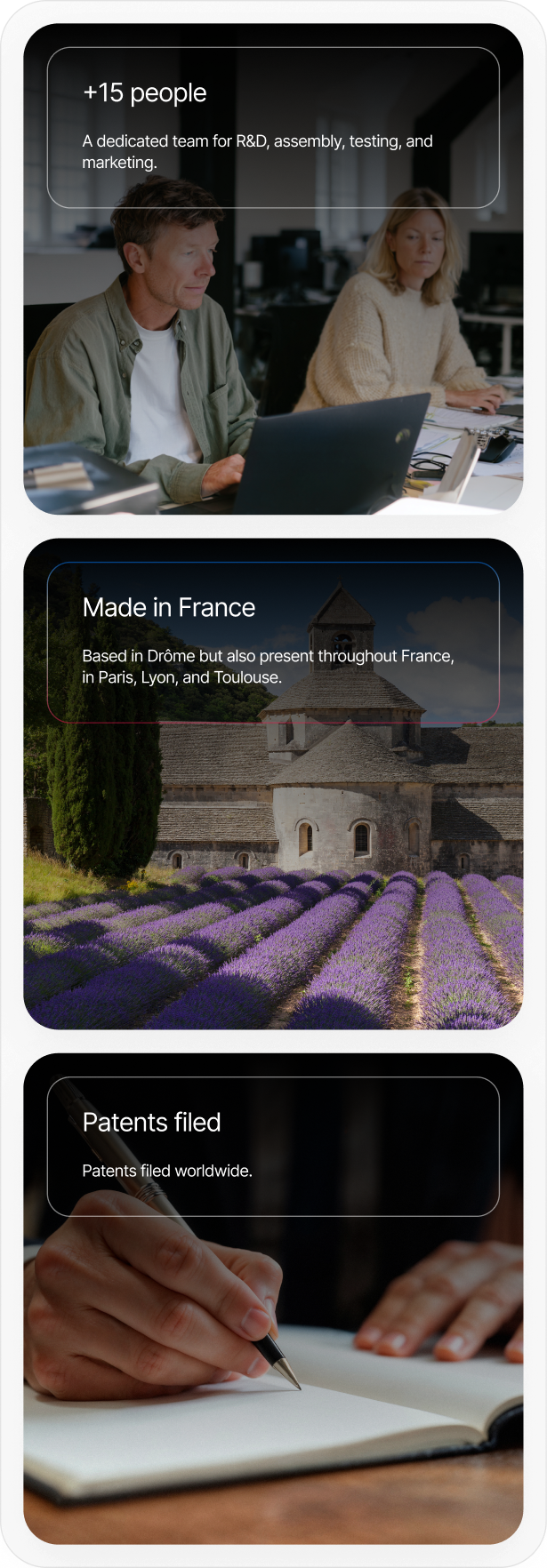 Key facts cards: a team of 15, made in France, patents filed