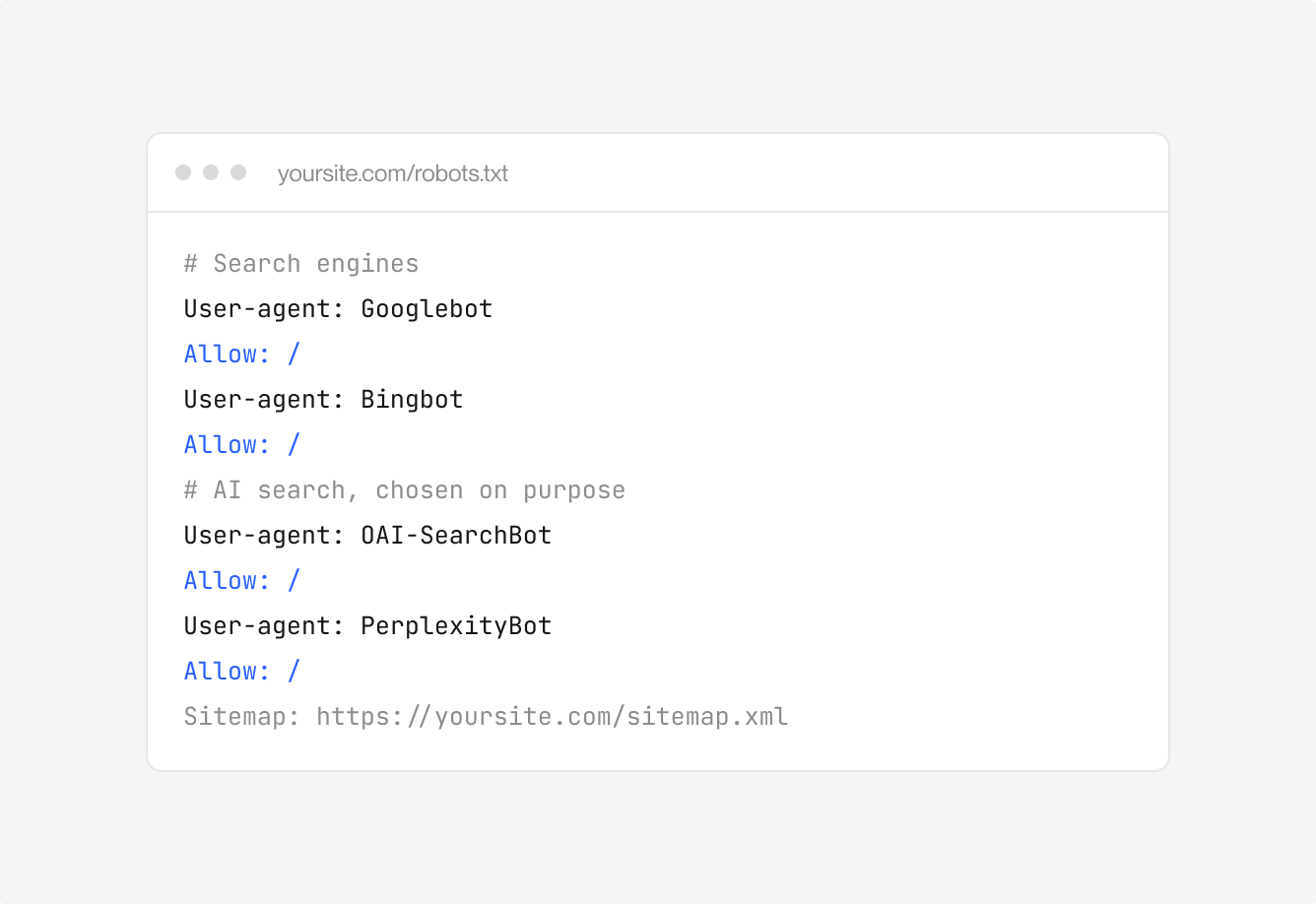 A robots.txt file that allows Googlebot, Bingbot, OAI-SearchBot and PerplexityBot on purpose