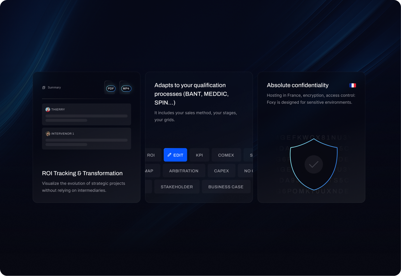 Three Seedext product cards: ROI tracking, qualification processes and absolute confidentiality