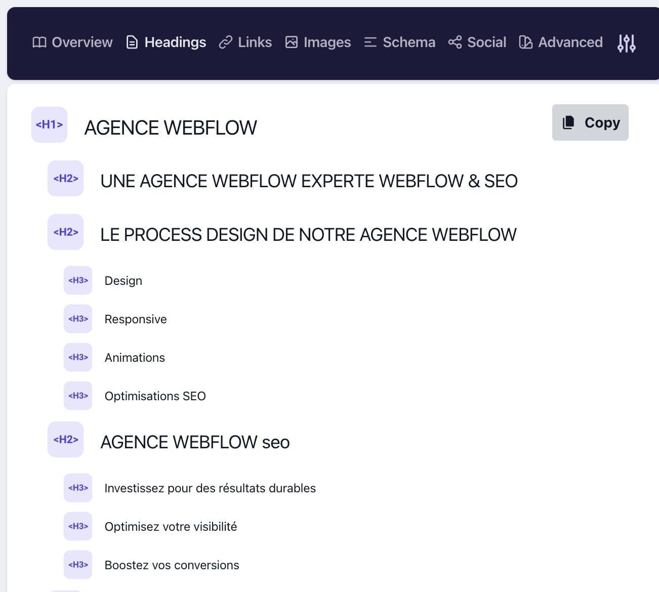 Hiérarchie des balises H1, H2 et H3 dans le Designer Webflow