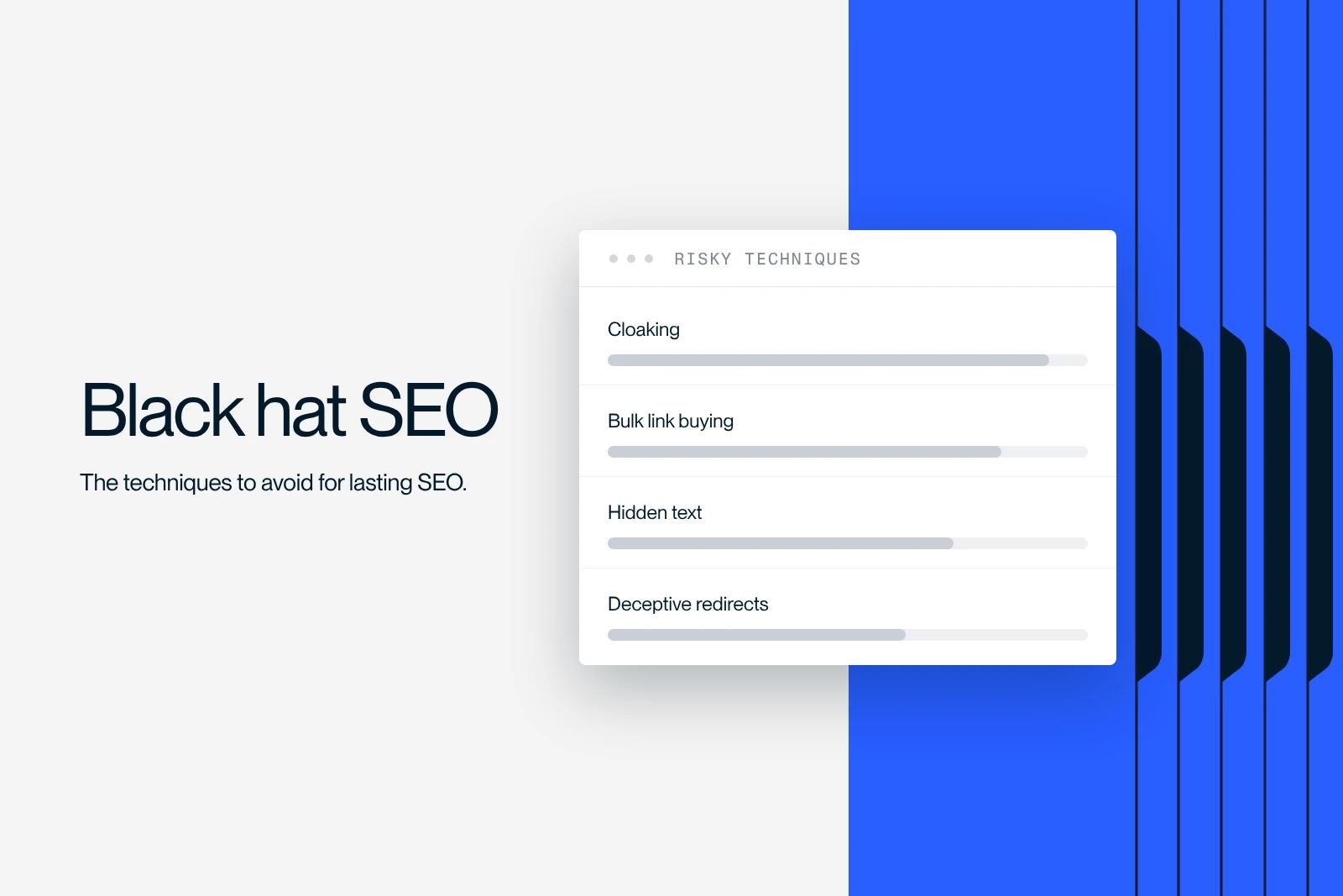 Synqro thumbnail: risky black hat SEO techniques, cloaking, mass link buying, hidden text and deceptive redirects