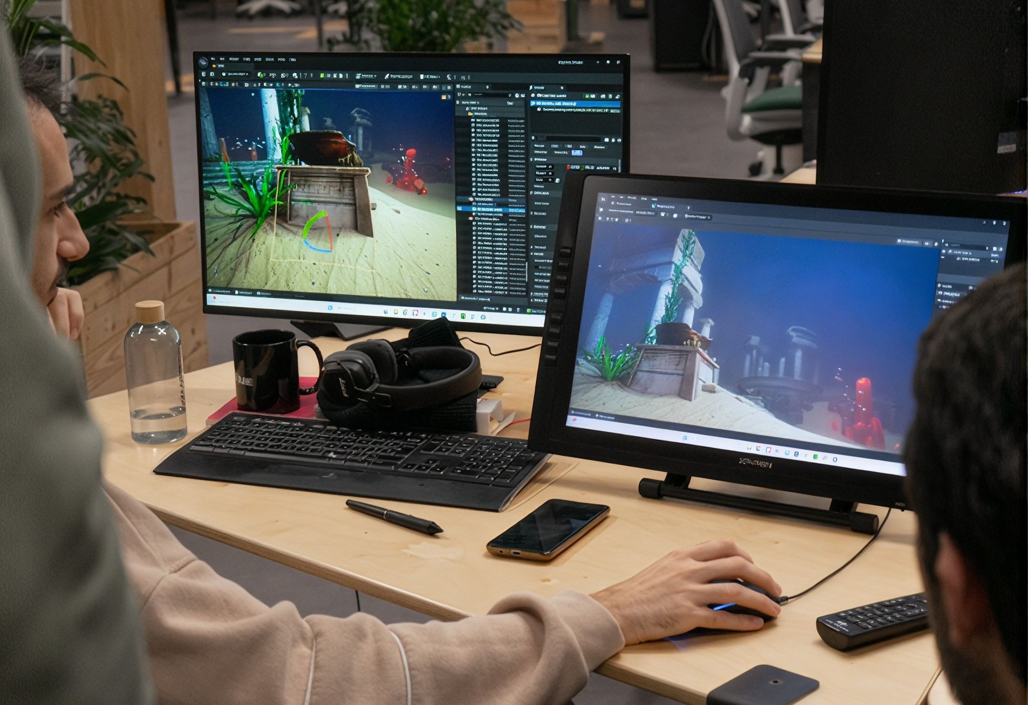 Two artists working on a 3D underwater scene across two screens