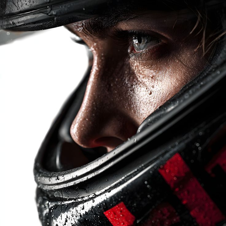 Close-up of a person’s eye under a cap brim, skin beaded with rain