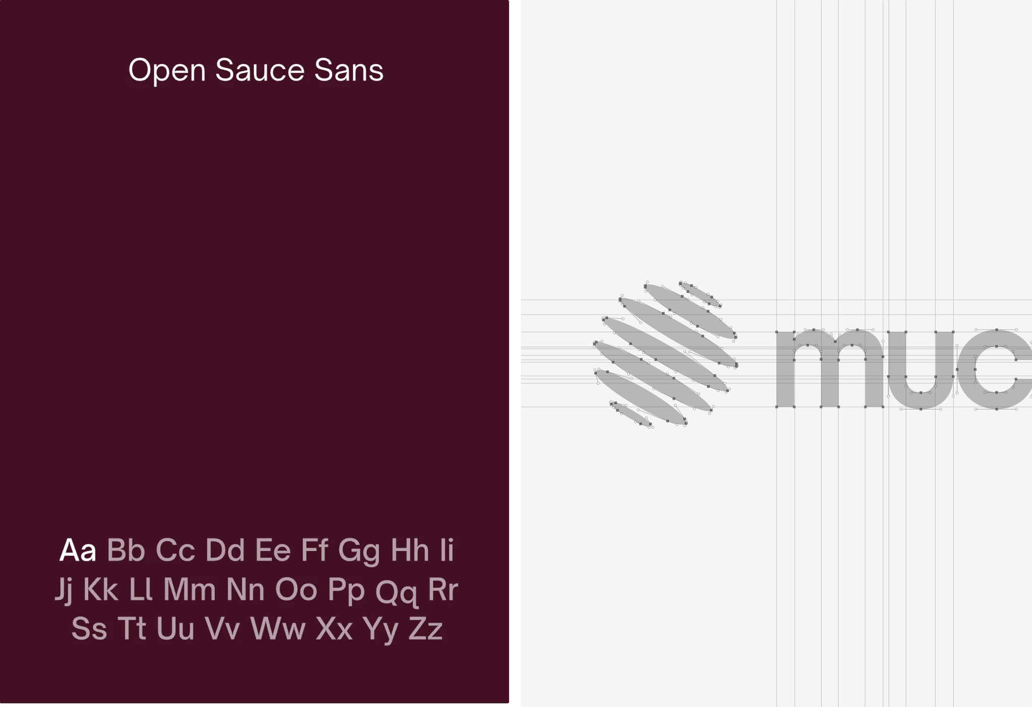 Spécimen de la typographie Open Sauce Sans de Muchbetter, à côté de la grille de construction du logo