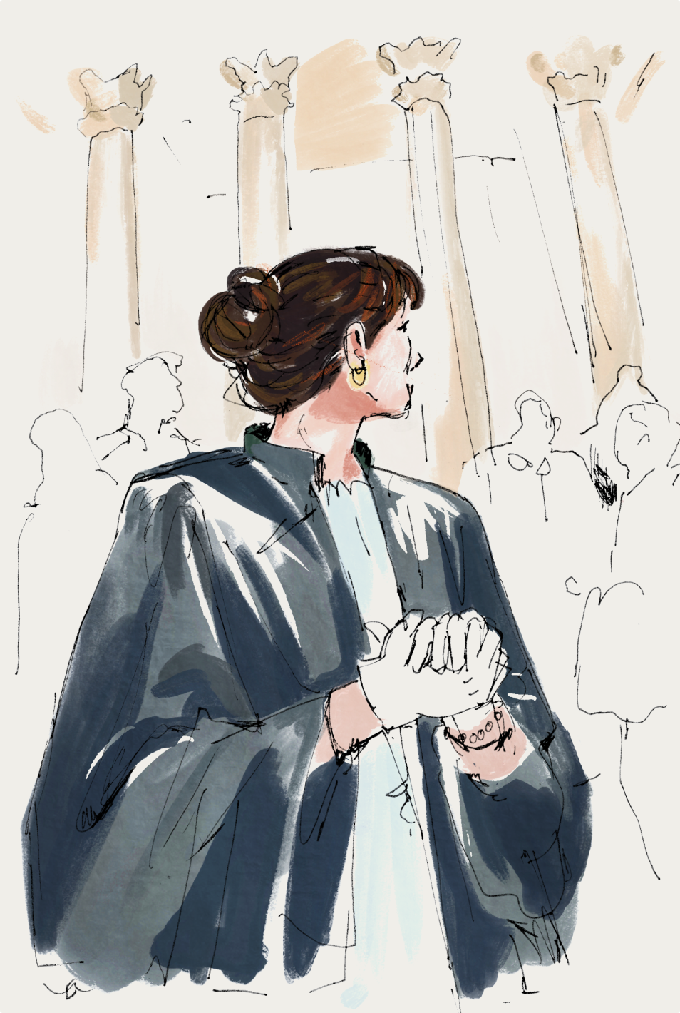 Watercolour illustration of a lawyer in a black robe, hands clasped, before stone columns