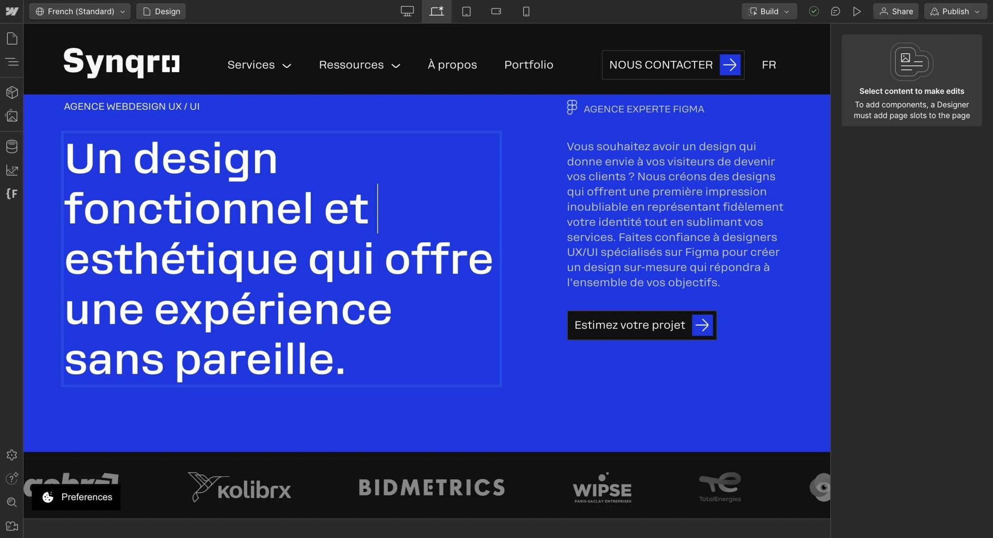 Interface de conception de Webflow