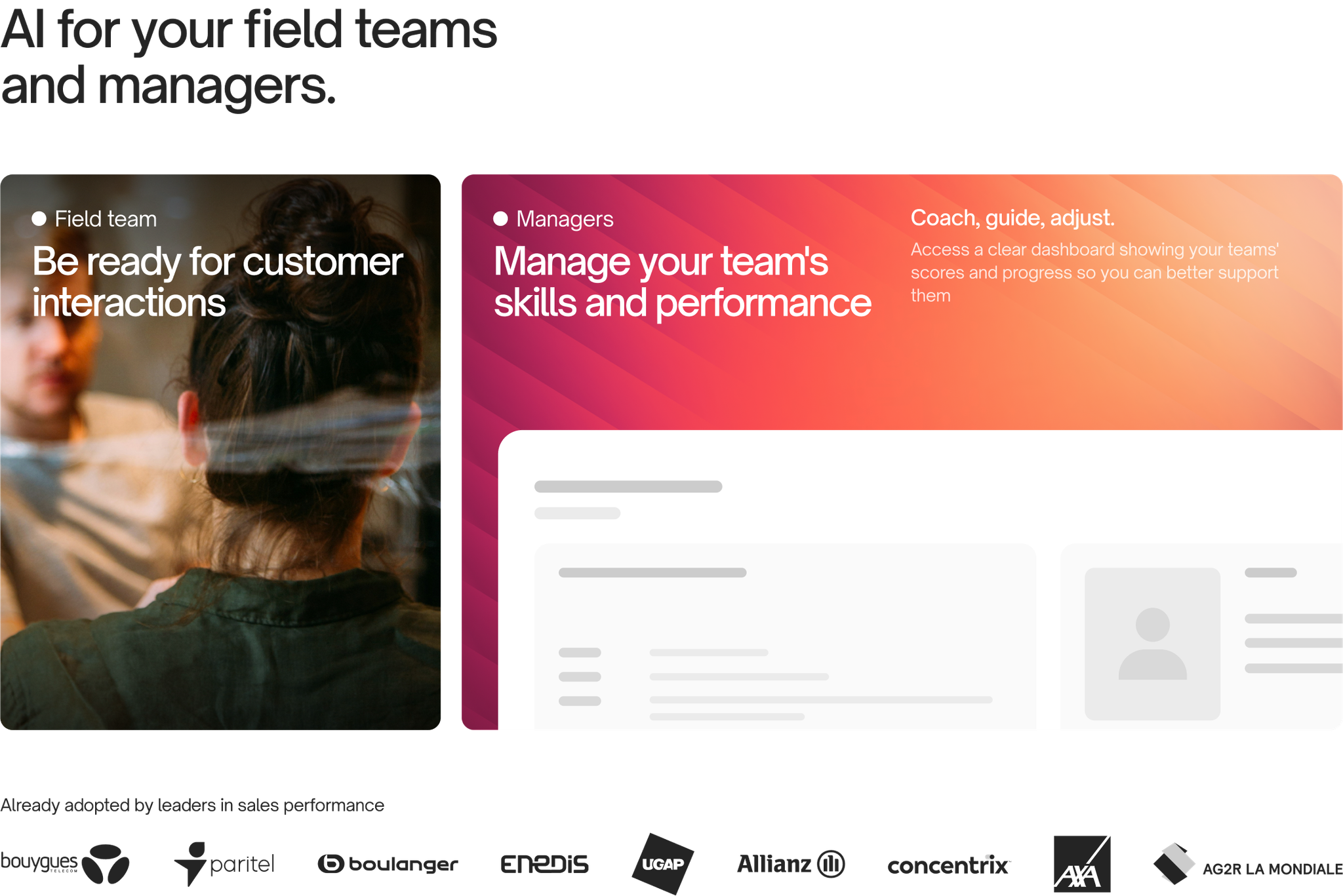 Muchbetter website section “AI for your field teams and managers.” with client logos