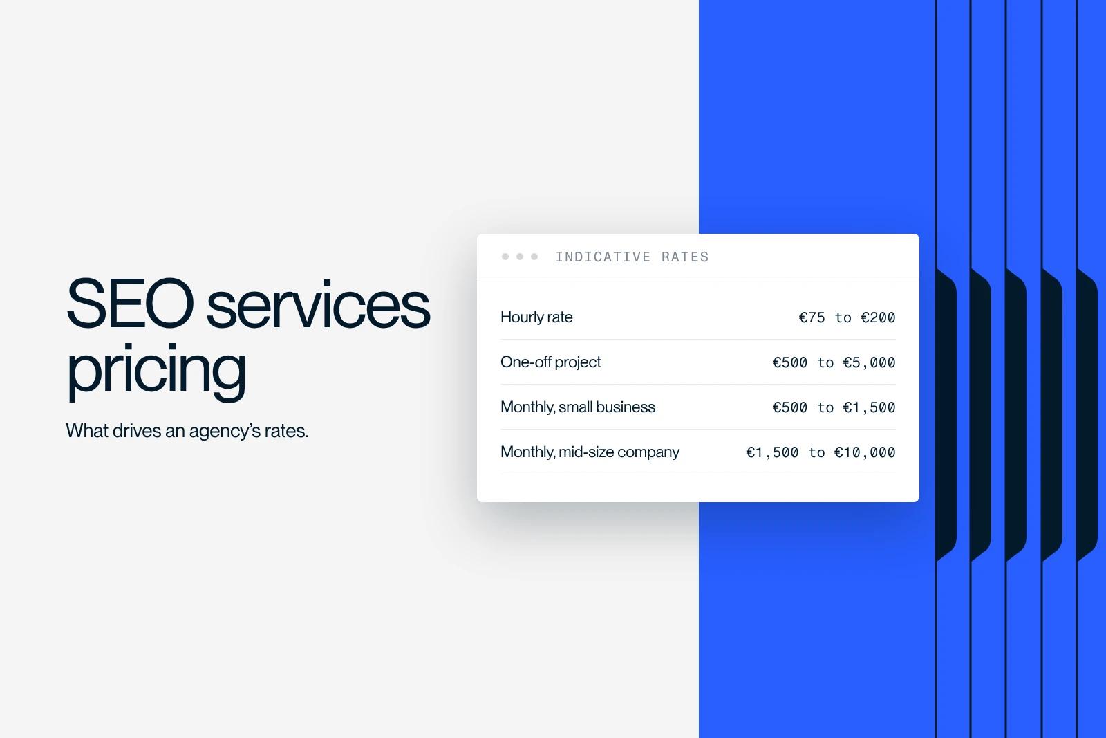 Synqro thumbnail: indicative SEO pricing grid, hourly, per project and monthly