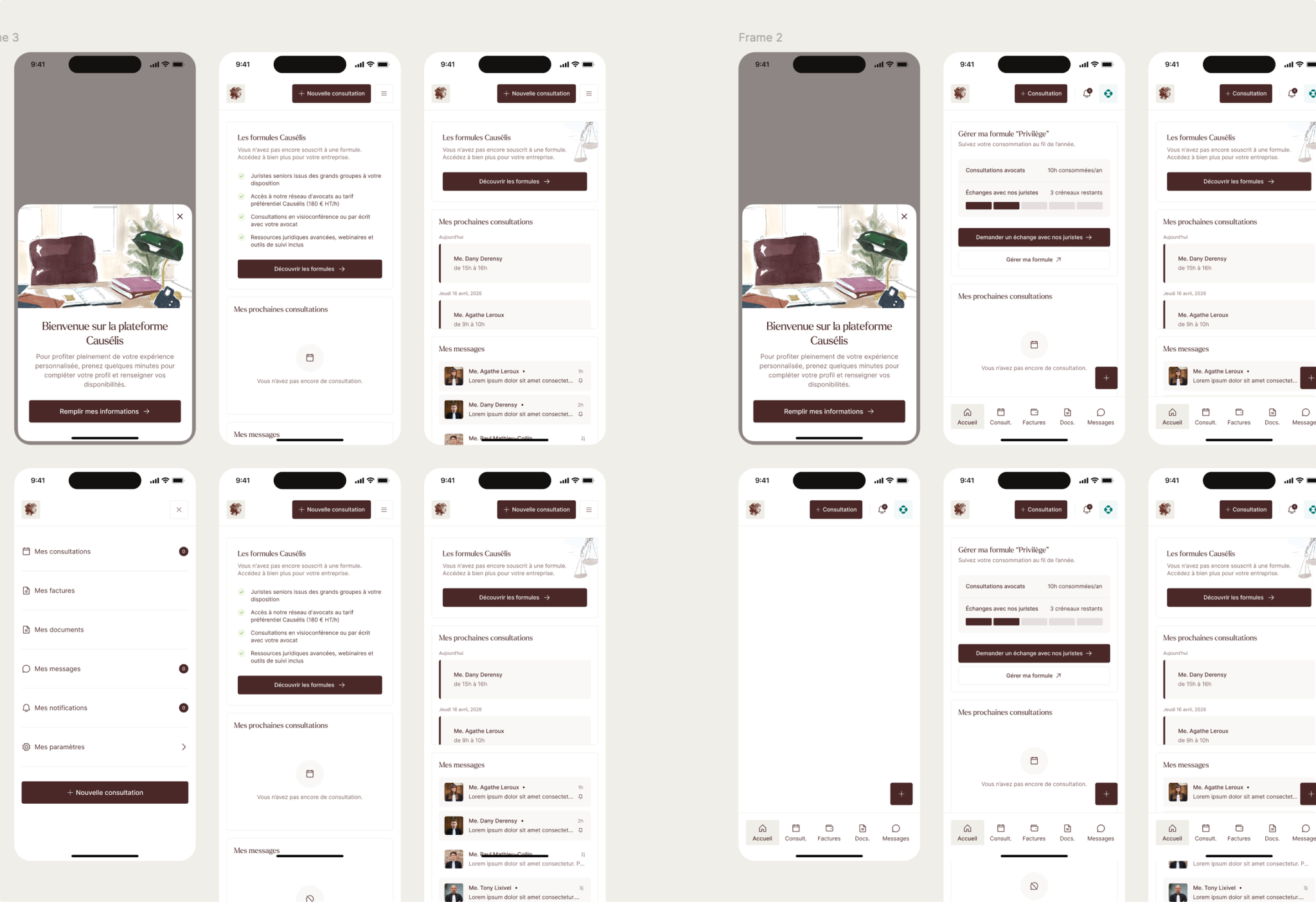 Causélis mobile app screens: onboarding, consultations, documents and messages