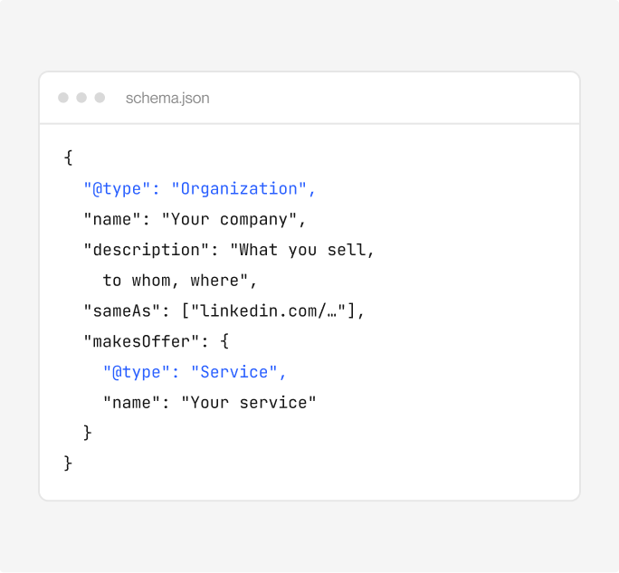 A schema.json file describing an Organization and its Service