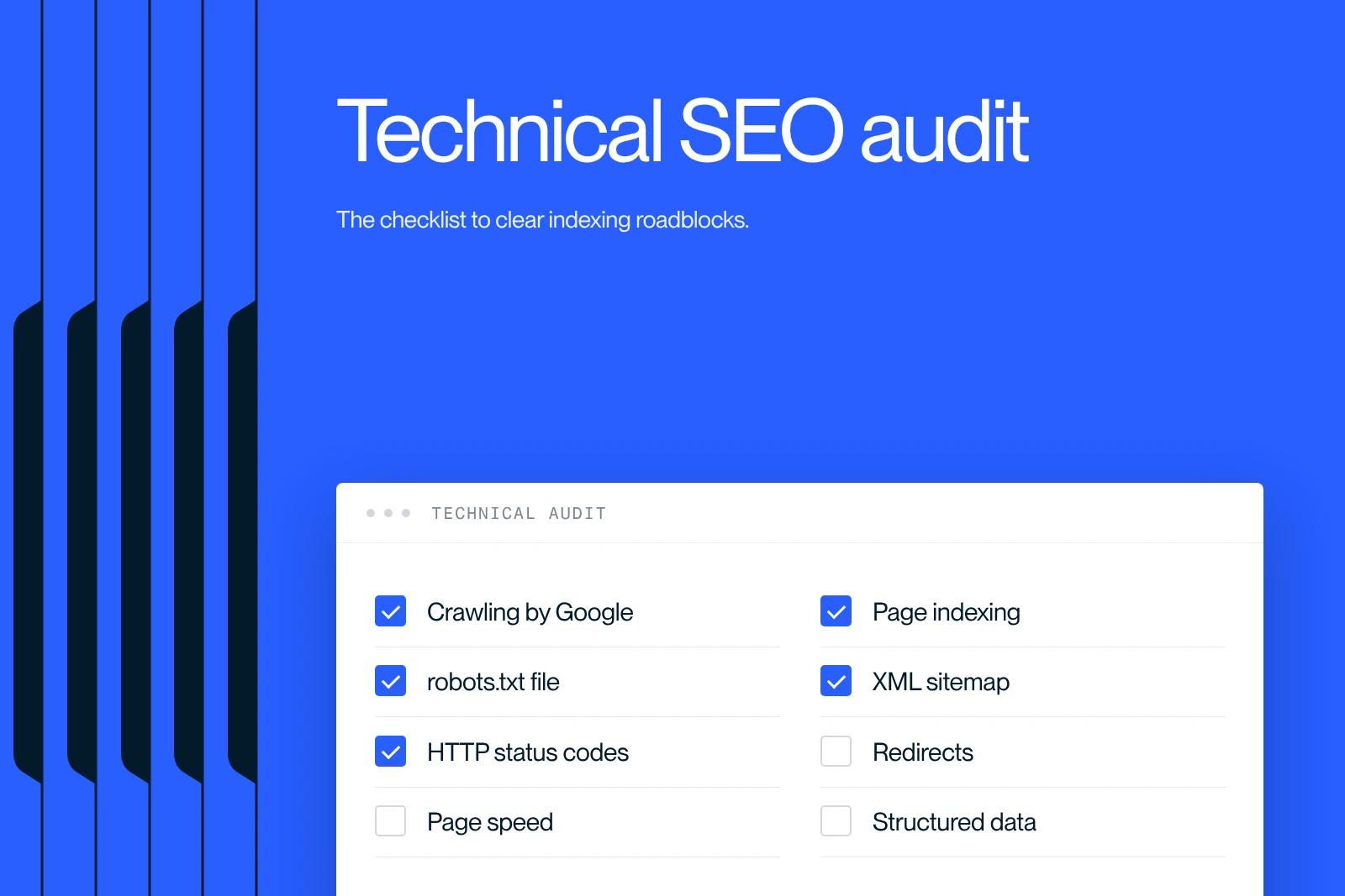 Synqro thumbnail: technical SEO audit checklist covering crawling, indexing, robots.txt, sitemap, redirects and speed