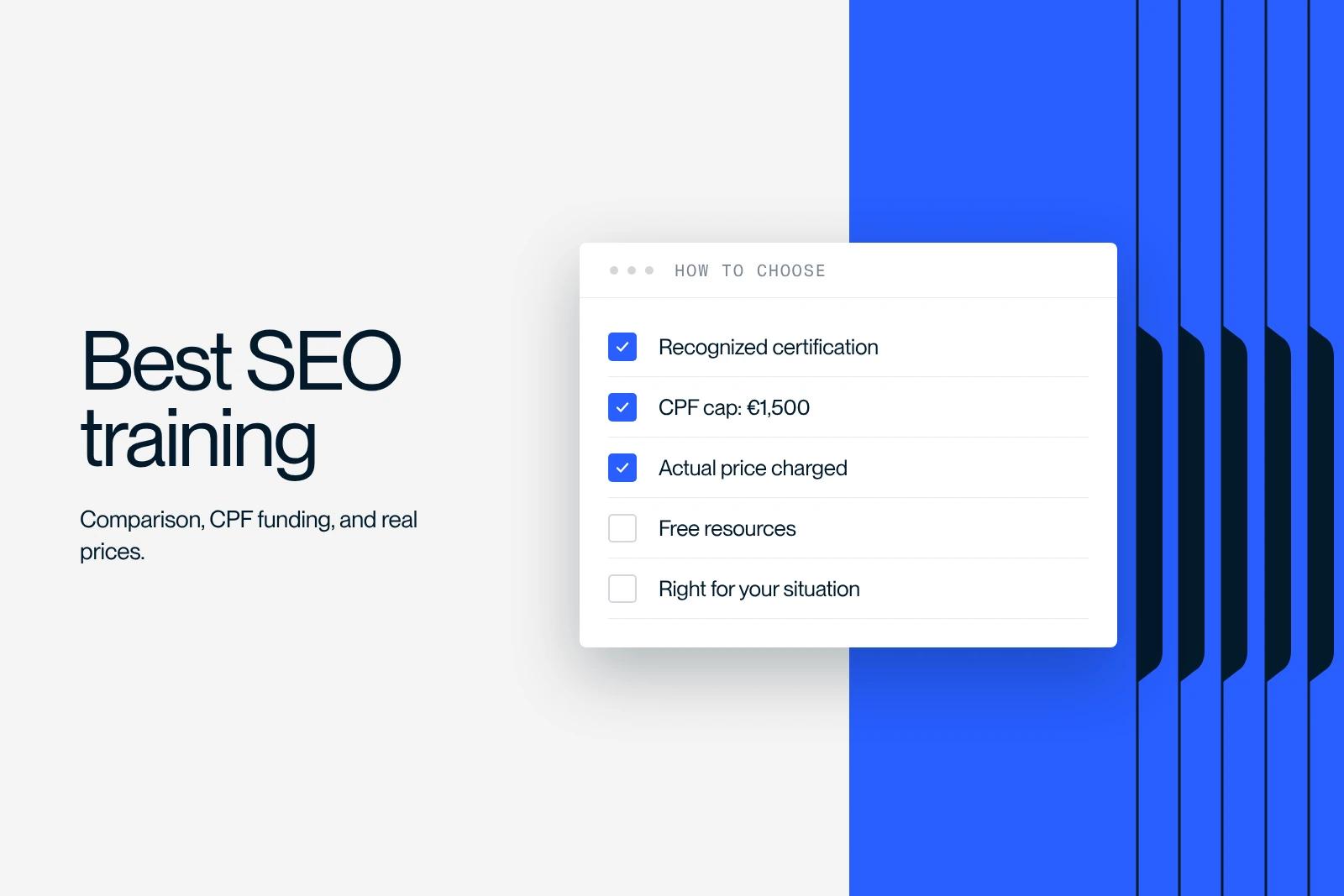 Synqro thumbnail: a list of criteria for choosing an SEO training course, including the CPF cap