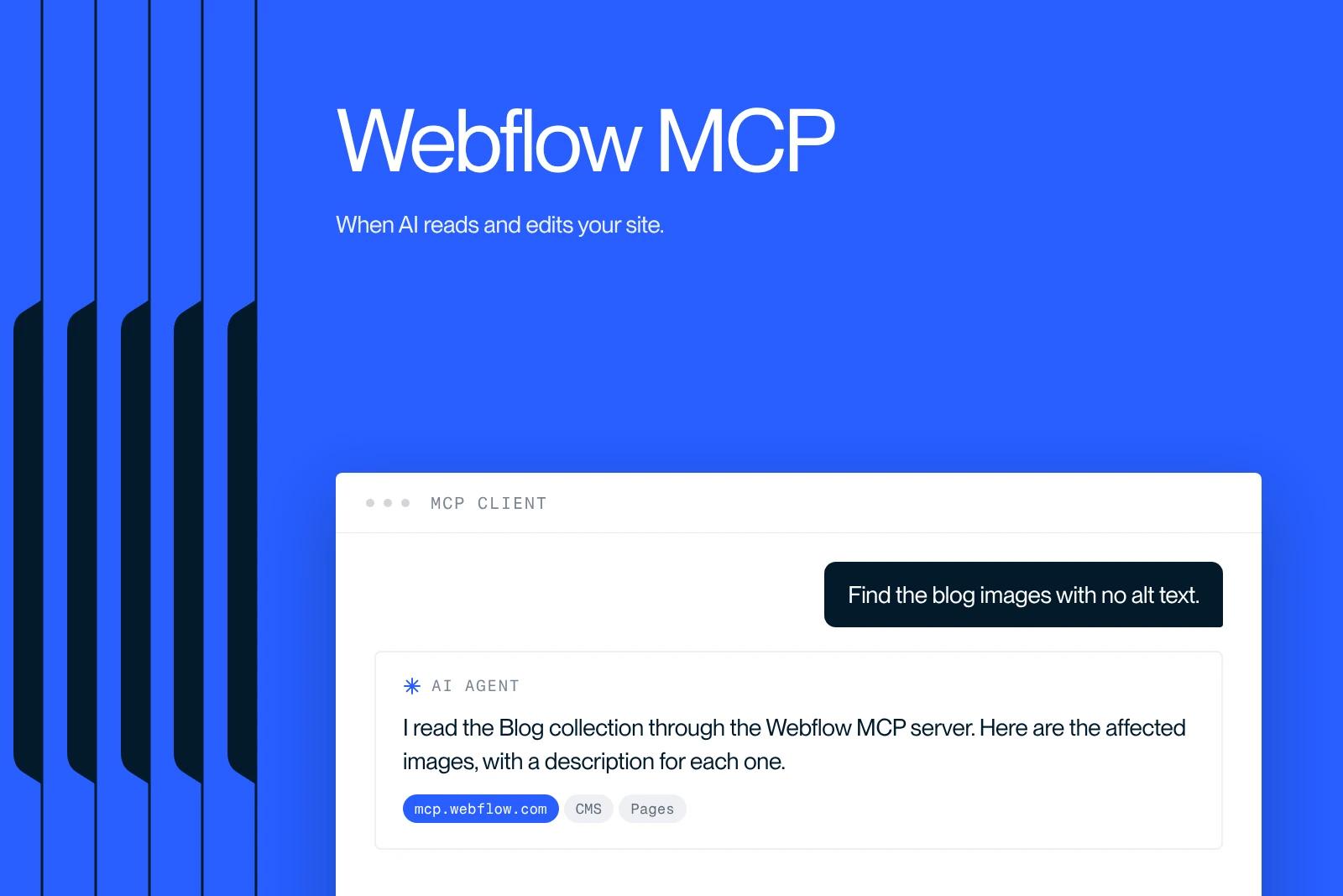 Synqro thumbnail: an AI agent connected to Webflow's MCP server suggests changes in the CMS