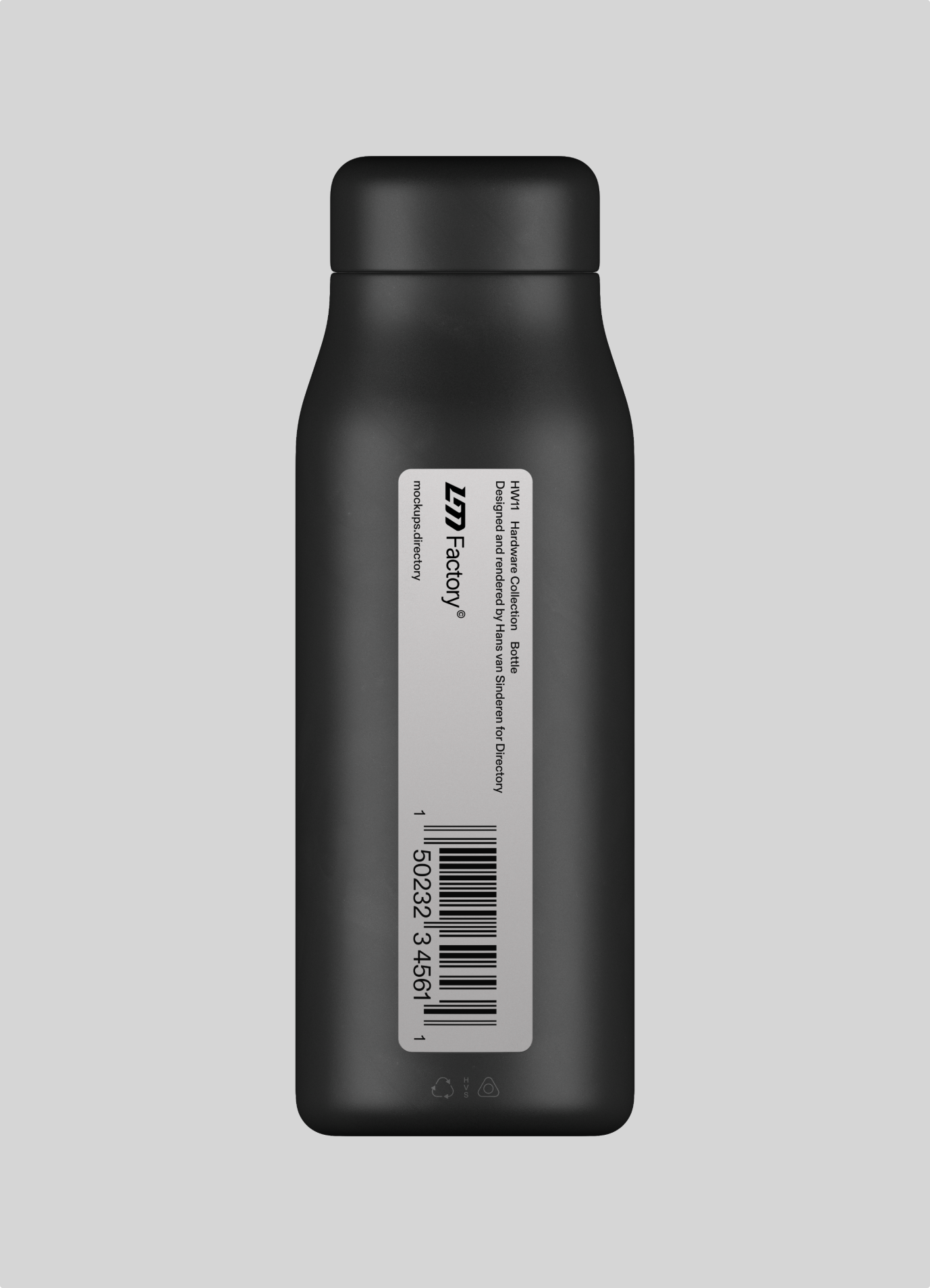 Black LM Factory water bottle with a product label