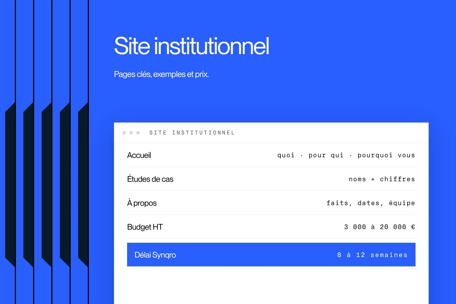 Miniature Synqro : site institutionnel, les neuf pages clés de l'accueil au contact, budget et délai