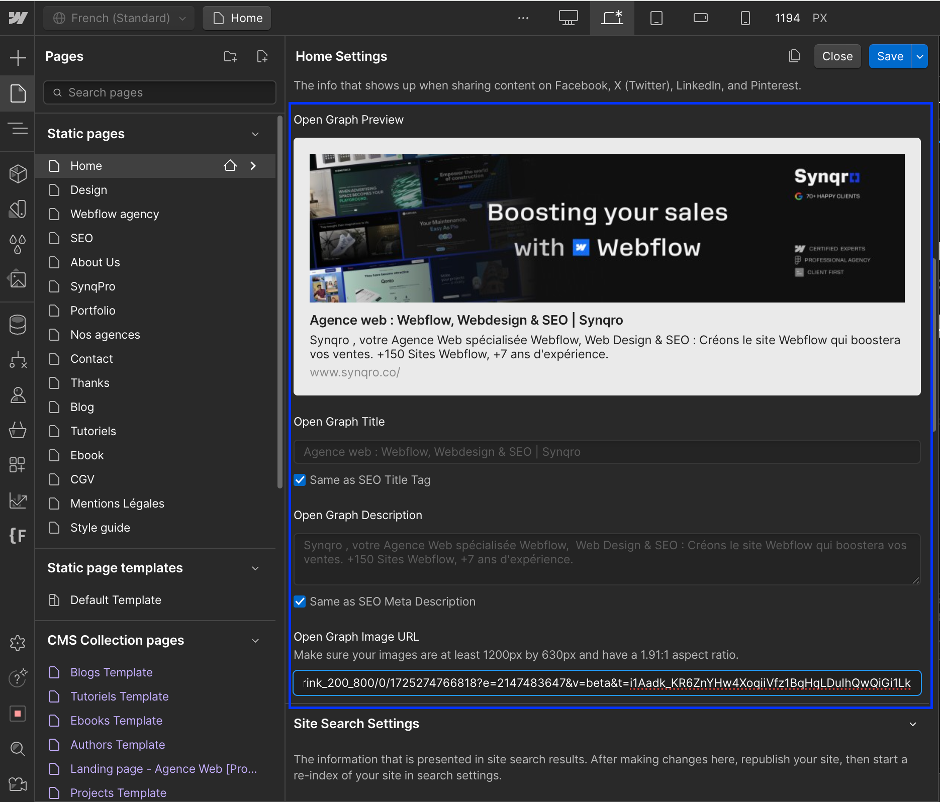 Réglages Open Graph d'une page dans Webflow