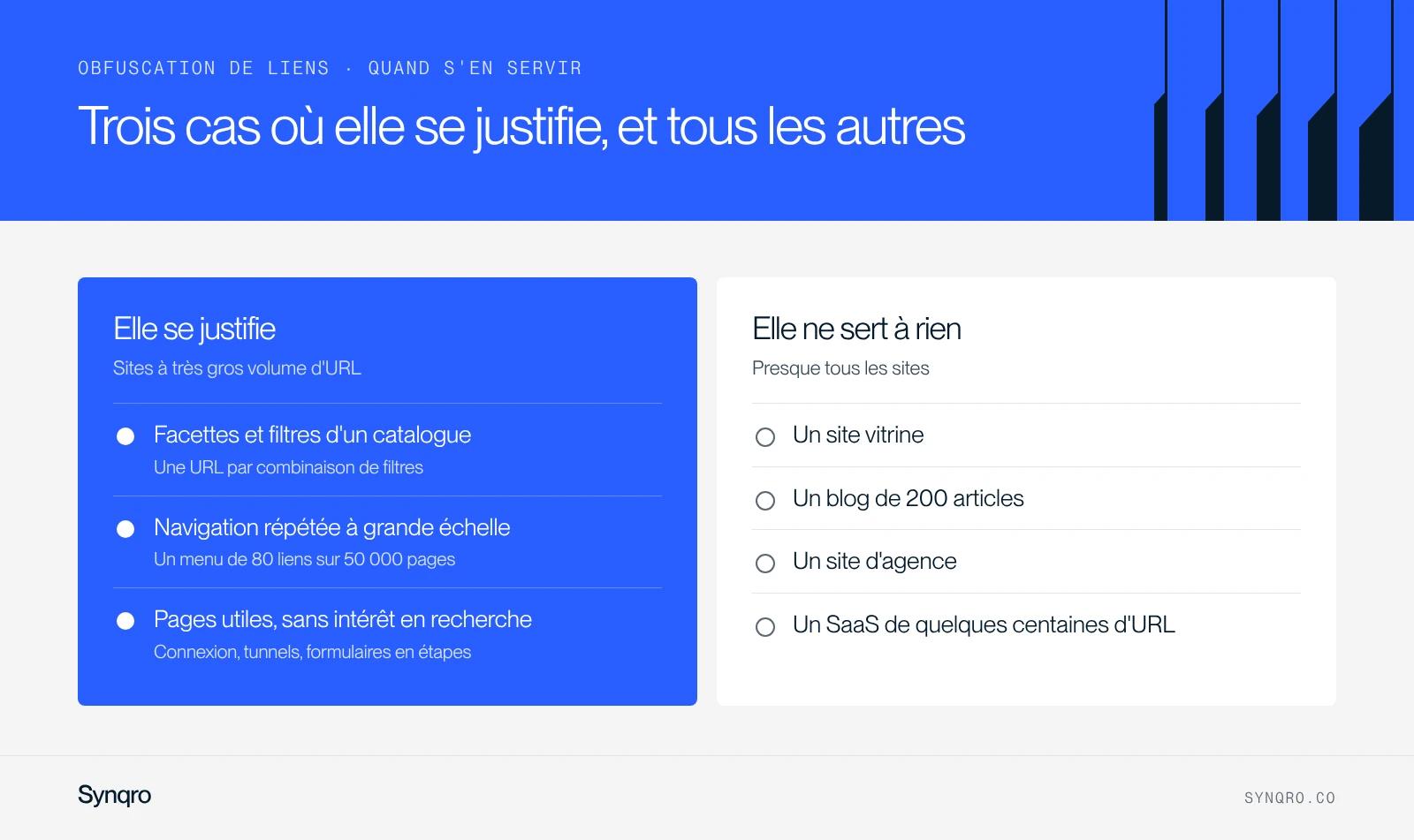 Infographie : les trois cas où l'obfuscation de liens se justifie (facettes, navigation à grande échelle, pages sans intérêt en recherche) et les sites où elle ne sert à rien