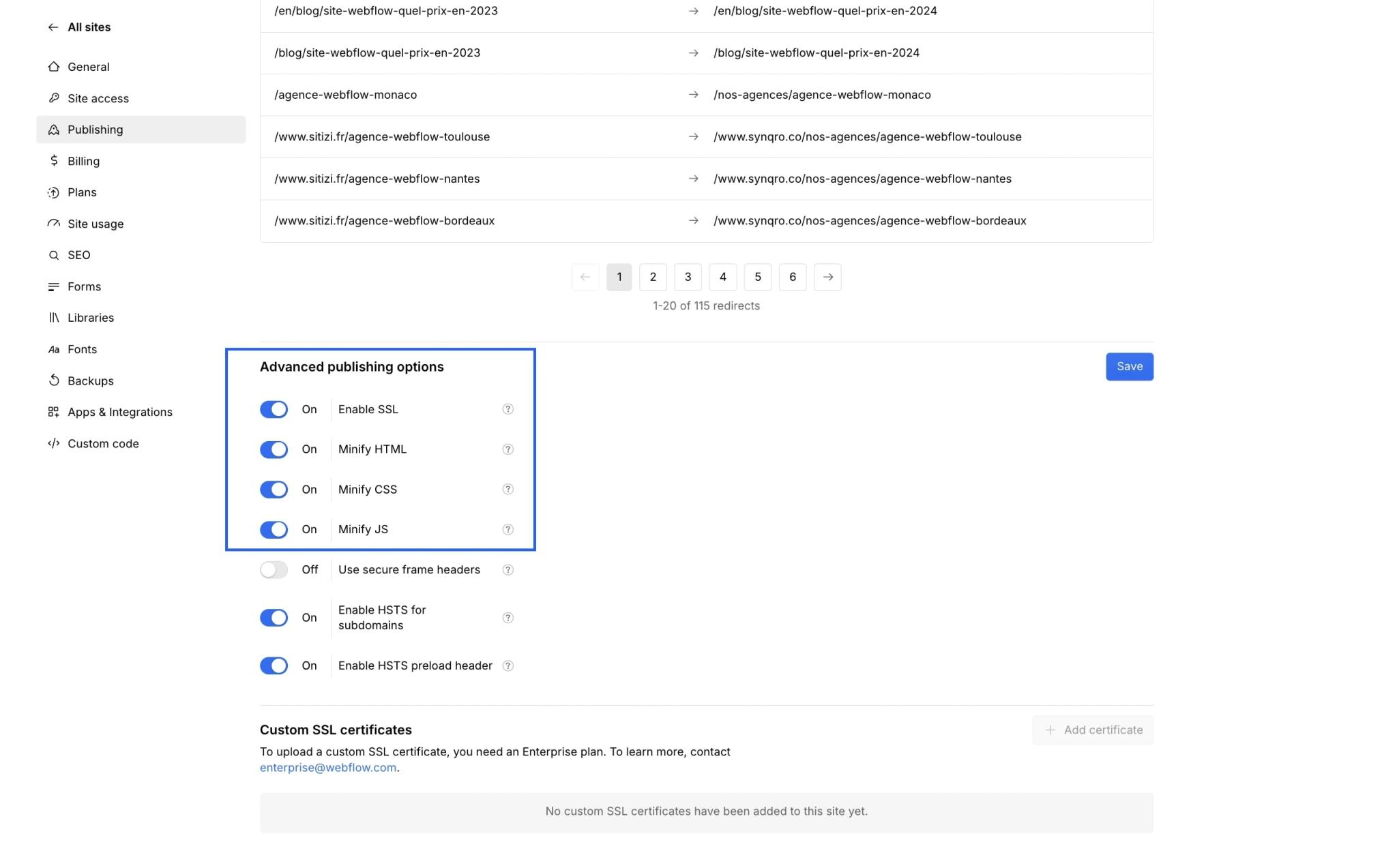 Options de minification CSS et JavaScript dans les paramètres Webflow