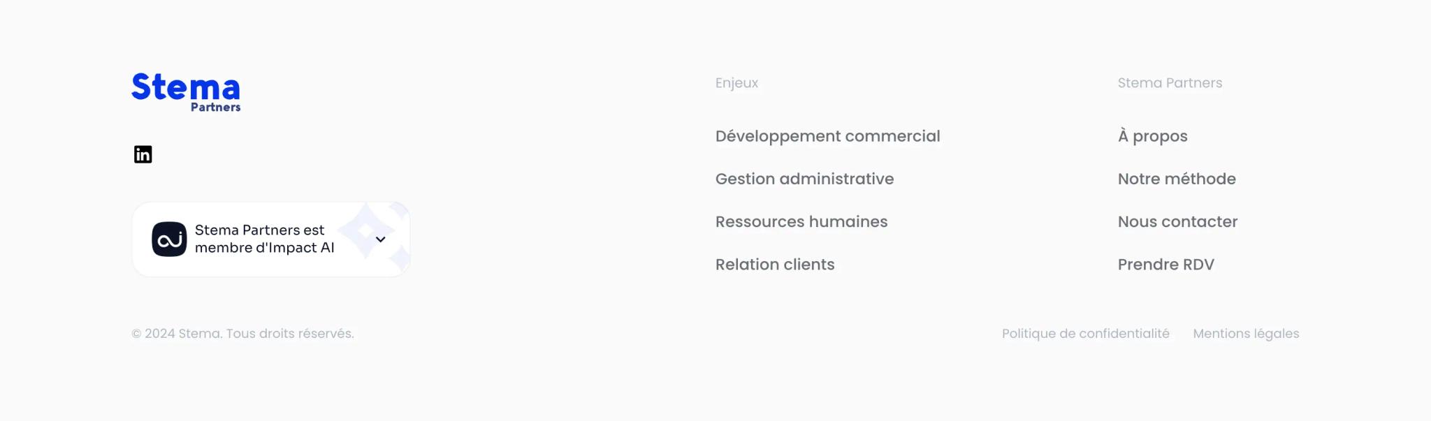 Exemple de footer Webflow avec navigation, coordonnées et liens légaux