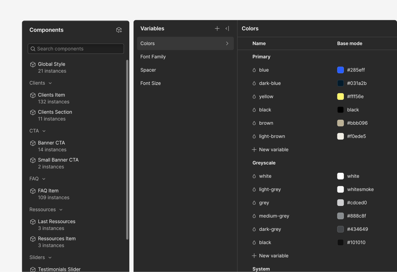 A Webflow component library and its variables panel