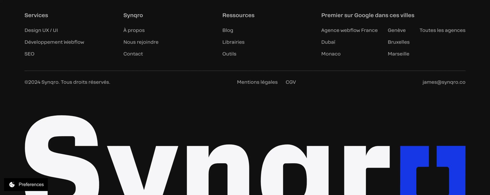 Exemple de footer Webflow réalisé par Synqro